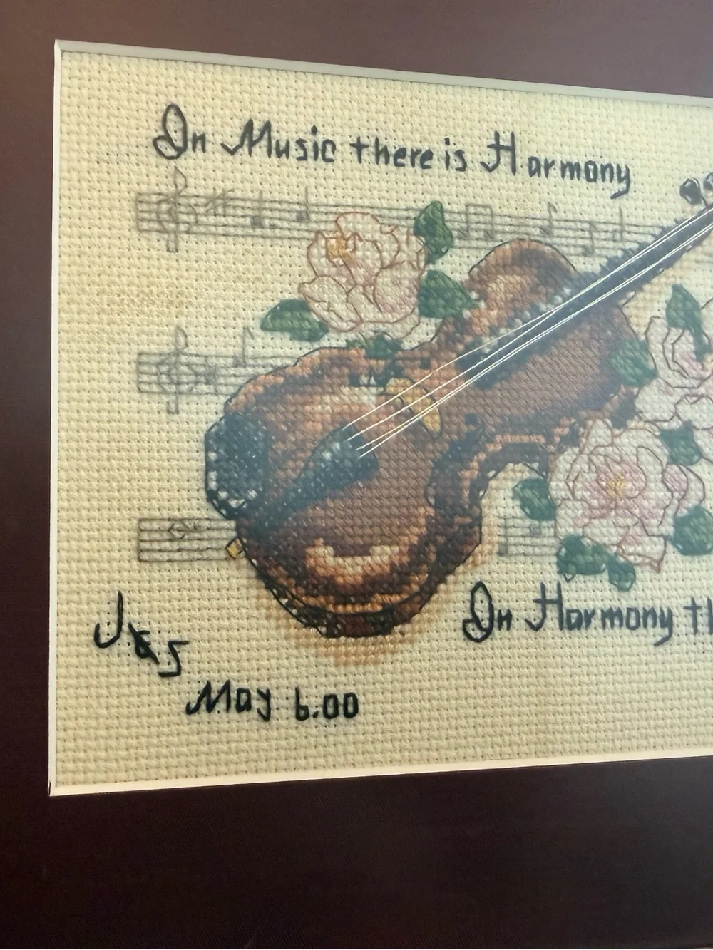 Framed Violin Cross-Stitch Wall Art - Brown